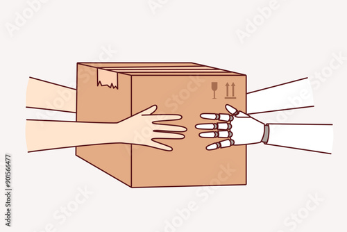 Synergy of human and robot working together in logistics and holding cardboard box with order. Robot helps people by courier delivery of parcels or servicing fulfillment center of postal company