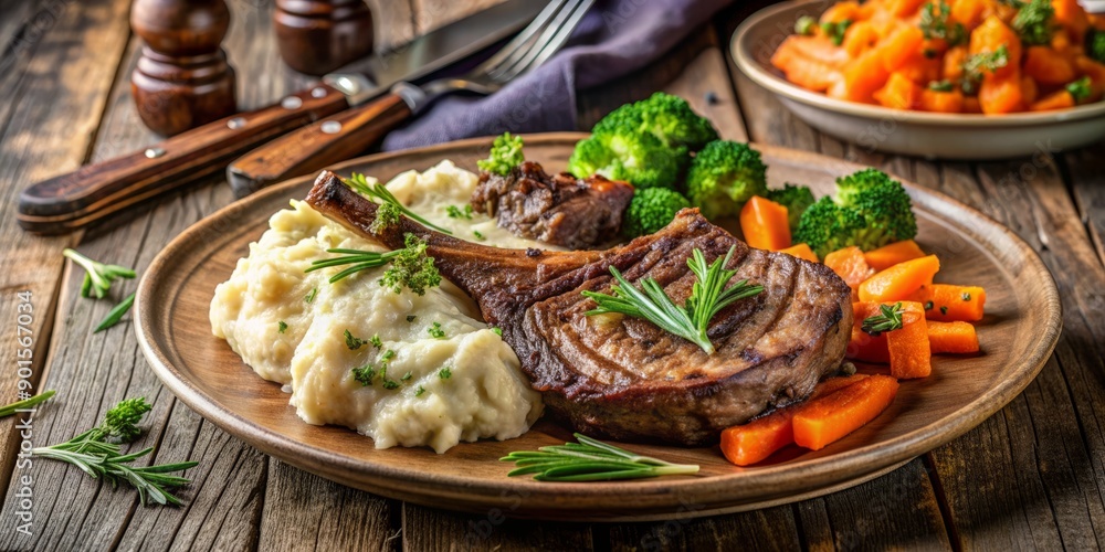 Savory grilled lamb shoulder chops served alongside creamy mashed potatoes, steamed carrots, and broccoli florets, arranged artfully on a rustic wooden table setting. Savory grilled lamb shoulder chops served alongside creamy mashed potatoes, steamed carrots, and broccoli florets, arranged artfully on a rustic wooden table setting.