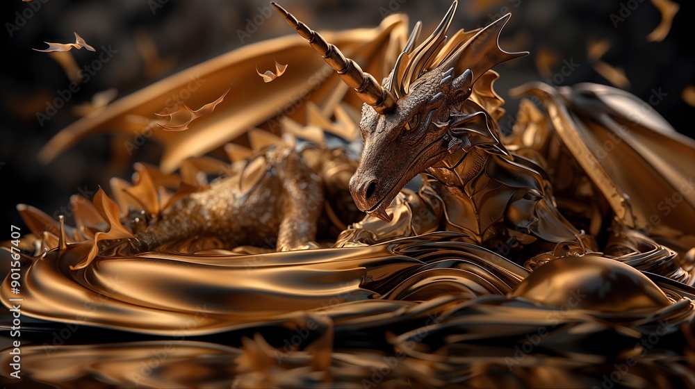 Golden Metallic Dragon Sculpture with Autumn Leaves Surrounding in Artistic Setting Golden Metallic Dragon Sculpture with Autumn Leaves Surrounding in Artistic Setting