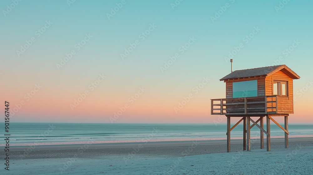 beach setting with a vast expanse of sand stretching out to meet the horizon. Dominating the foreground is a wooden structure, elevated on stilts, resembling a lifeguard hut or observation tower beach setting with a vast expanse of sand stretching out to meet the horizon. Dominating the foreground is a wooden structure, elevated on stilts, resembling a lifeguard hut or observation tower