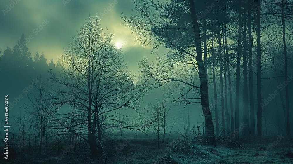 Naklejka premium Eerie Green Forest: A Mystical Sunrise Through Silhouetted Trees