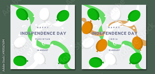 Set of Pakistan and India Independence Day greeting card