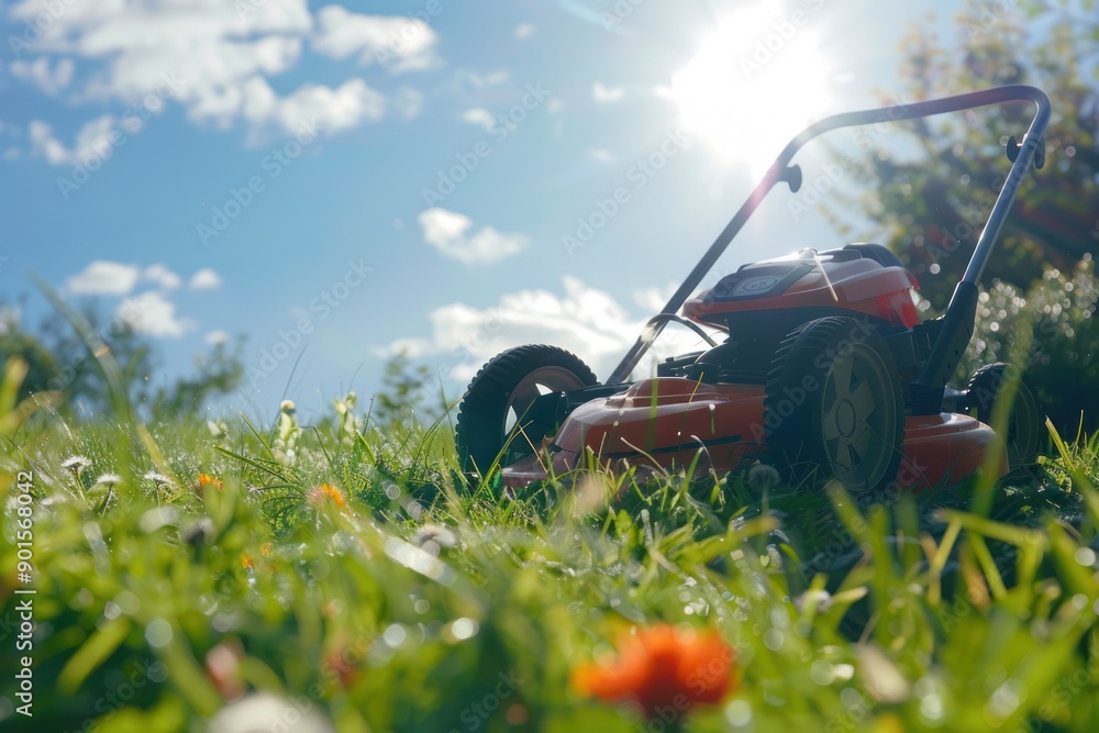 lawnmower on grass on sunny day. Unusual perspective lawnmower on grass on sunny day. Unusual perspective