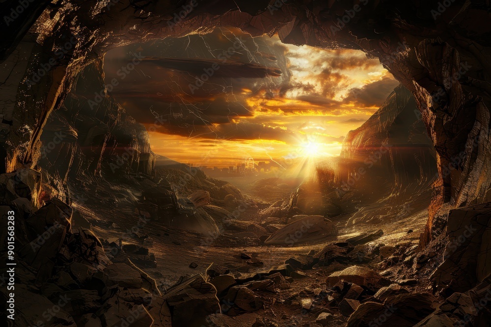 Alien spaceship hovers above a postapocalyptic city Alien spaceship hovers above a postapocalyptic city