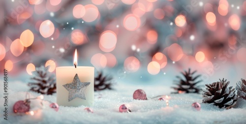 Candle With Star Decoration on Snowy Surface