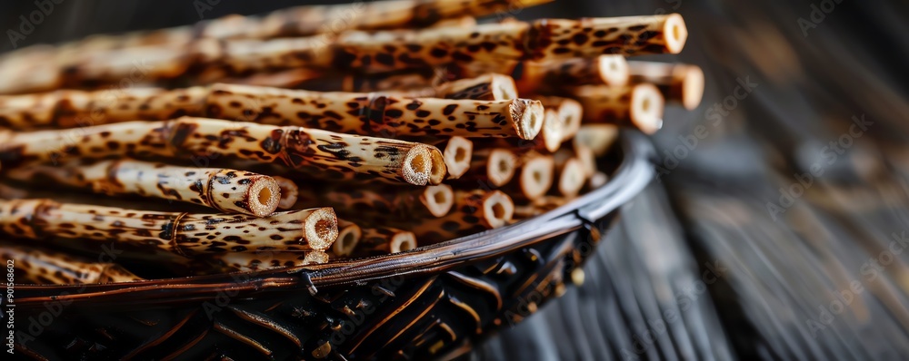 Bamboo shoots arranged in a decorative basket, Bamboo shoots, Aesthetic, natural Bamboo shoots arranged in a decorative basket, Bamboo shoots, Aesthetic, natural