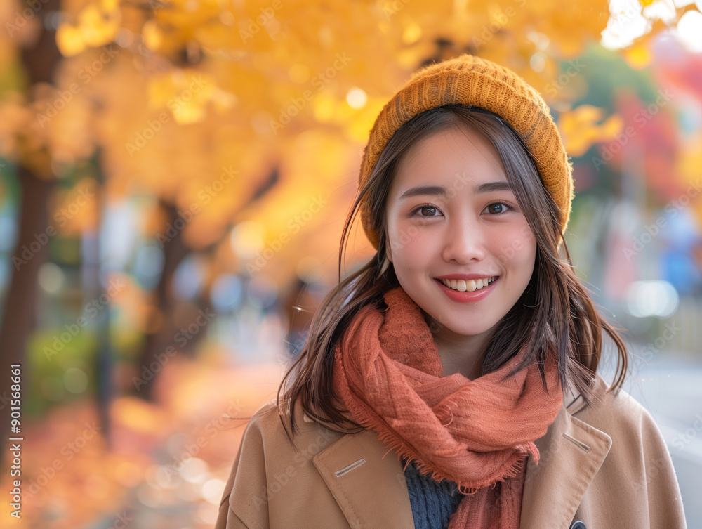 紅葉と笑顔の女性 紅葉と笑顔の女性