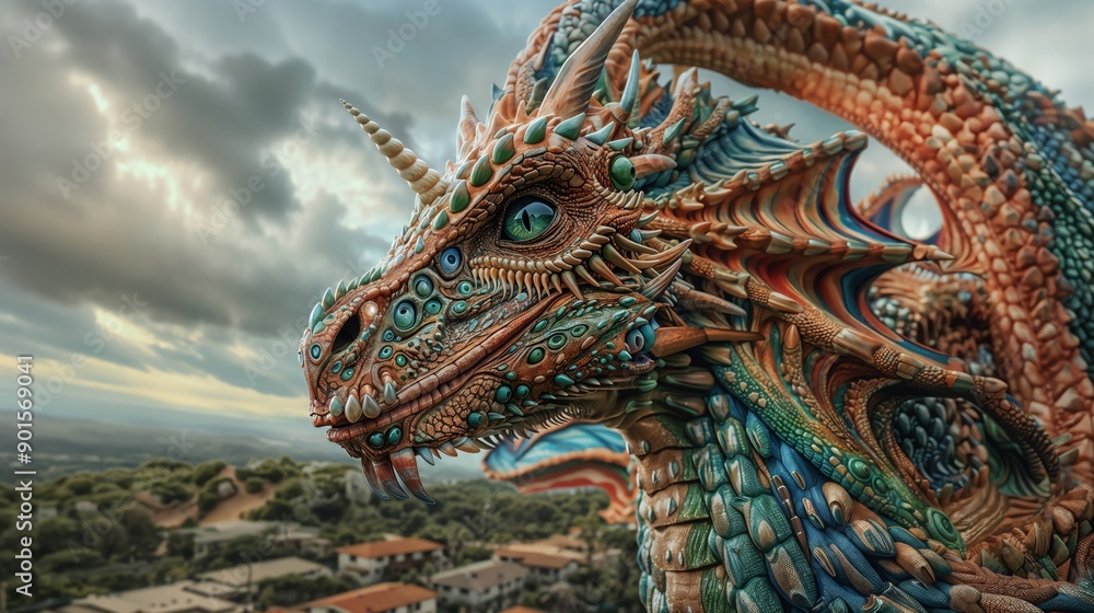 Fototapeta premium Detailed Dragon Art in Fantasy Landscape During Cloudy Sky