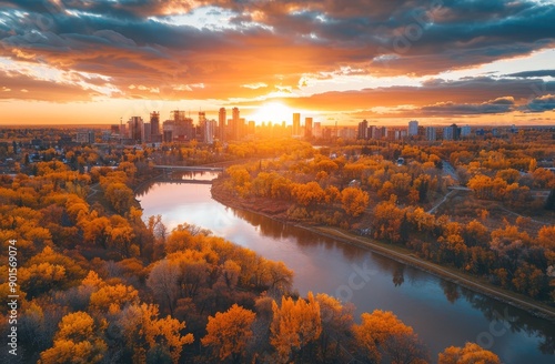 Aerial view city landscape, edmonton, winding, cloud, river, 