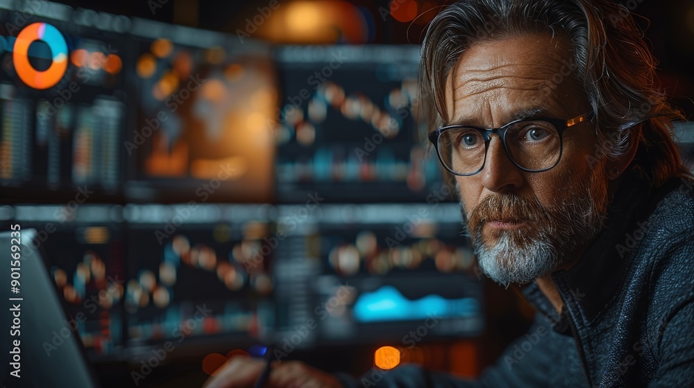 Fototapeta premium Dedicated Trader Analyzing Market Trends in a Dimly Lit Trading Room at Night. Generative AI