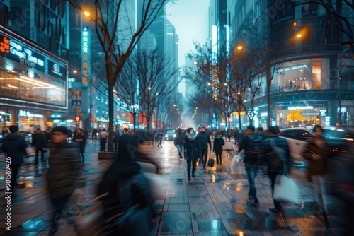 Wallpaper Mural Long exposure shot of crowd of business people walking street city winter weather fast moving with blurry Torontodigital.ca