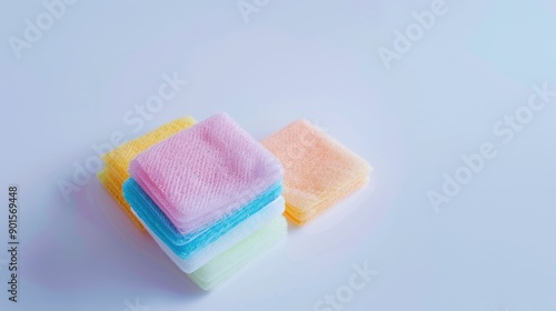 Vibrant and cheerful atmosphere is created by a stack of colorful and soft washcloths on a white background