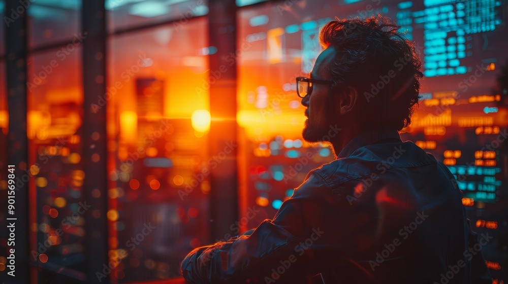 Fototapeta premium Contemplative Man Gazes Out Over City Skyline at Sunset From High-Rise Building. Generative AI