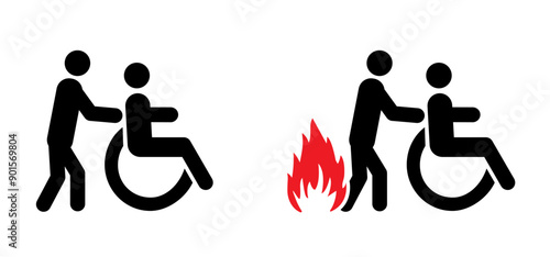 Cartoon fire patient evacuation, exit concept. Burn patient symbol or icon. Fired human logo. Fired, Flame person. Emergency icons as escape. Flaming wheelchair. Wheelchair with flames. 