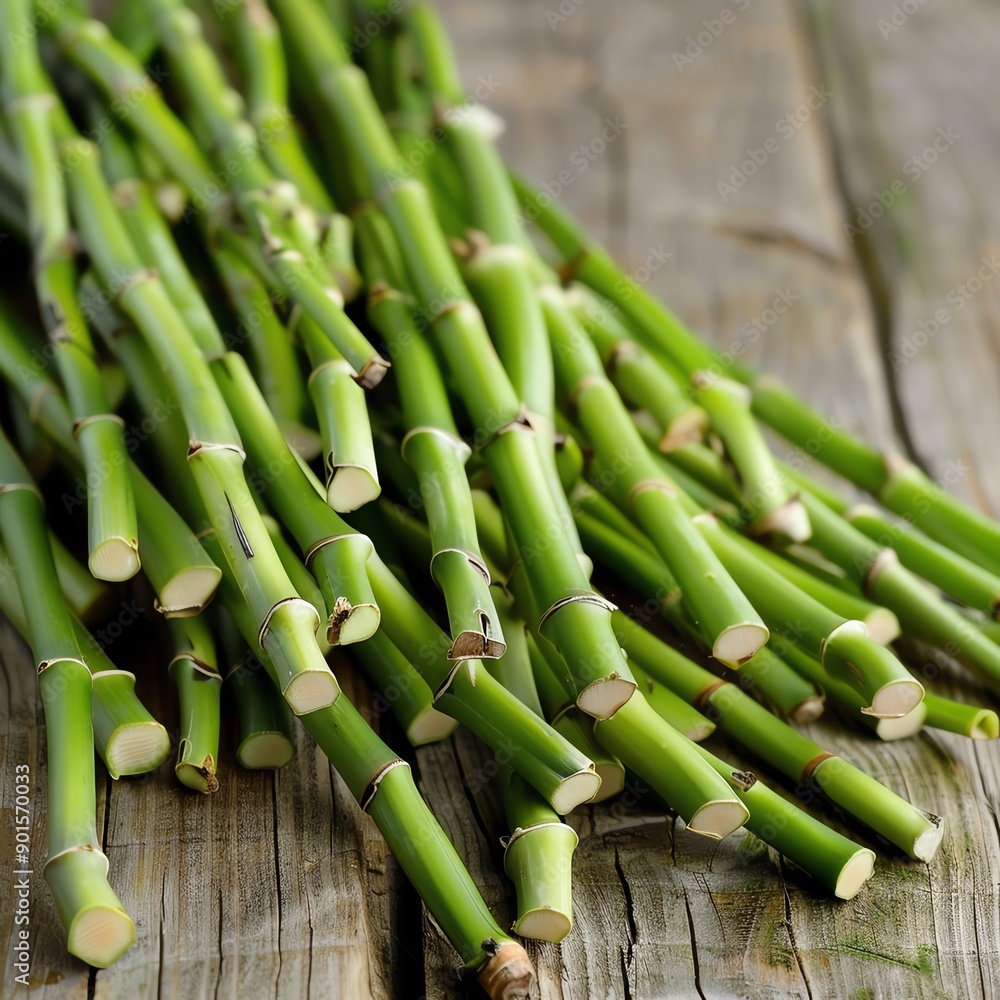 Fototapeta premium Closeup of fresh bamboo shoots on a rustic wooden table, Bamboo shoots, Natural, culinary