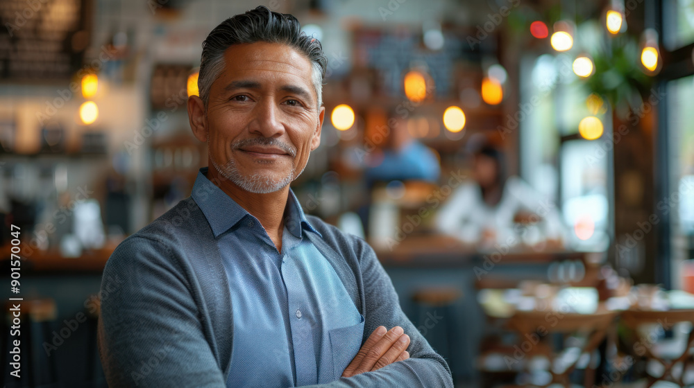 Fototapeta premium Pension Consultant, A knowledgeable Hispanic male demonstrating retirement savings options in business casual clothing on a cozy coffee shop background.