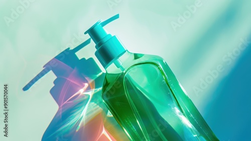 Green transparent plastic bottle with pump dispenser casting iridescent shadow on turquoise background, modern abstract still life