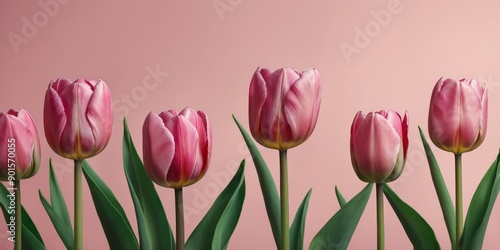 Springtime tulip banner A digital illustration of pink tulips with green leaves on a pastel pink background for a vibrant and fresh design.