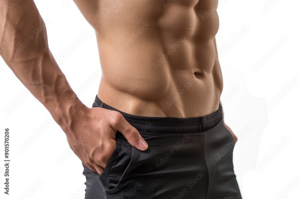 male fat body waist touch fat cells cellulite Isolated on white background