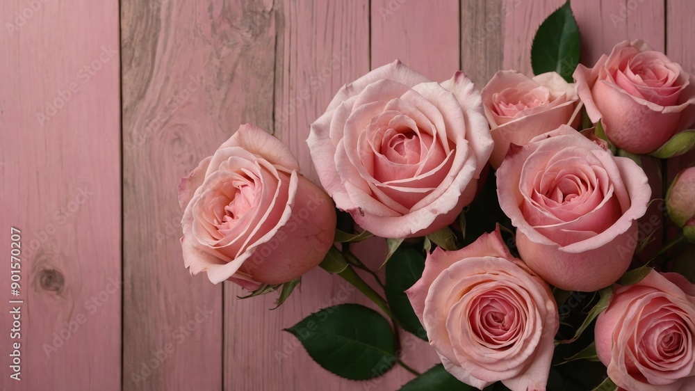Happy Mother's Day background of pink roses with copy space on pink wood table. Happy Mother's Day background of pink roses with copy space on pink wood table.