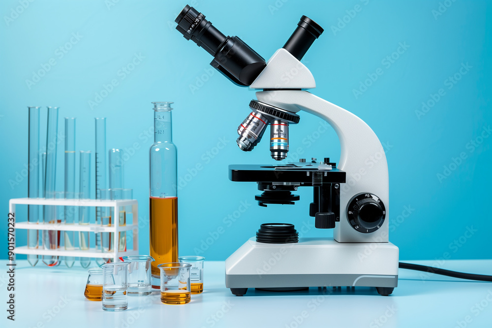 Modern microscope in lab with test tubes. Modern microscope in lab with test tubes.