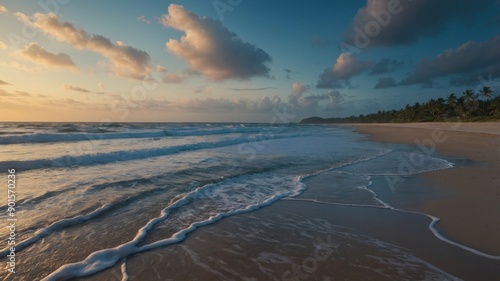 The serene early morning on a beach, with long exposure capturing the gradual color change in the sky and the peaceful ocean waves. photo