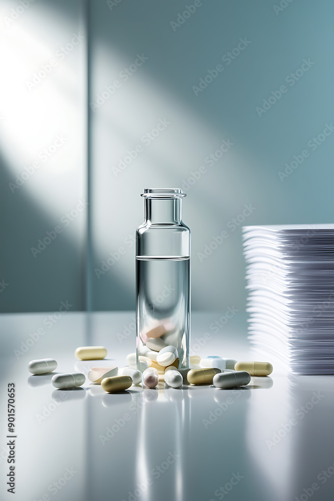 A Medicine bottle with white stack paper healthcare concept background A Medicine bottle with white stack paper healthcare concept background