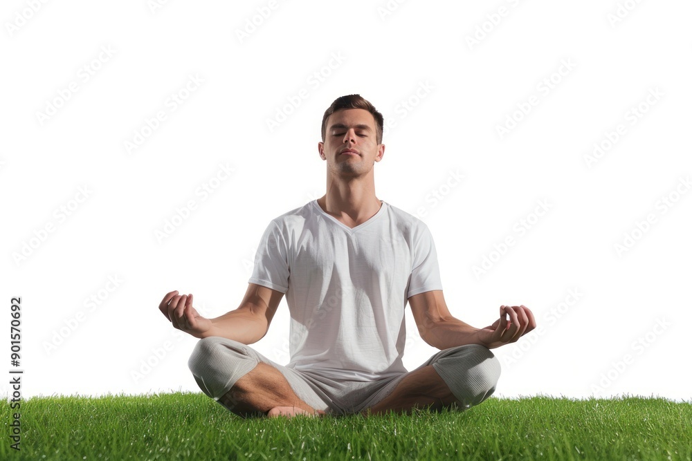 Fototapeta premium man doing yoga meditation on green grass lawn Isolated on white background
