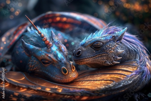Fotografie Two Fantasy Dragons Resting Together in a Magical Forest Setting