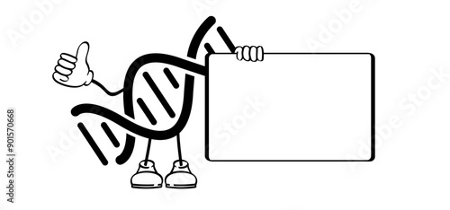 DNA and cartoon mascot. DNA string, double helix spiral line. blood types, donor concept blood. Medical concept of biochemistry with dna molecule. Analysis test tools. Search data.