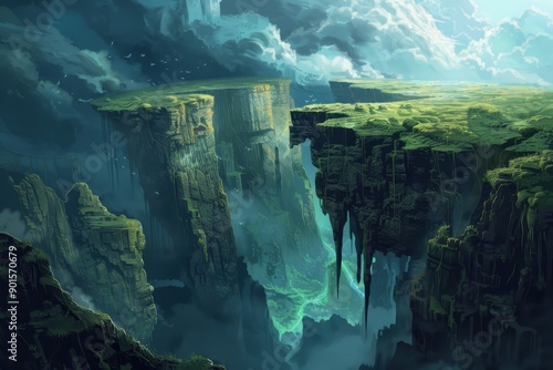 Mystical floating islands with waterfalls and a distant mountain range