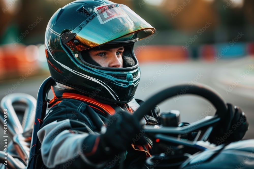 man practicing kart racing sport, person is focused and enjoying the sport man practicing kart racing sport, person is focused and enjoying the sport
