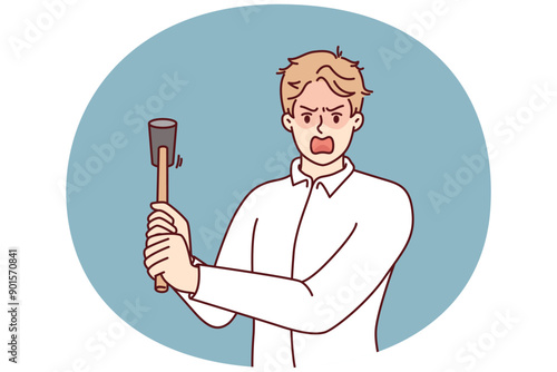 Crazy man threatens to hit with hammer and screams suffering from mental disorder causing aggression and nervousness. Manager with hammer symbolizing strictness and aggression towards employees