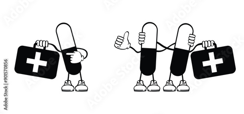 Cartoon mascot. Medical drugs and pills, antibiotic pills. Pill capsules. Health healthy care, medicine pharmacy logo. Painkillers and drug abuse concept. Pharmaceutical icon Tablets and capsule.