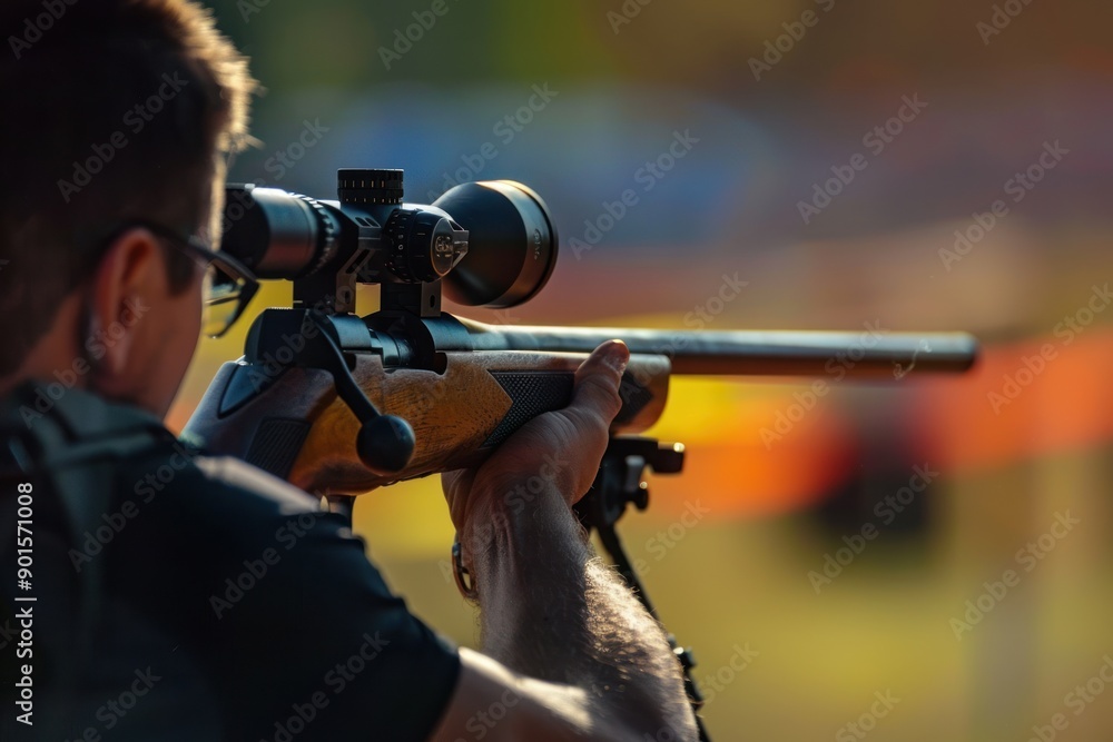 man practicing target shooting sport, person is focused and enjoying the sport man practicing target shooting sport, person is focused and enjoying the sport