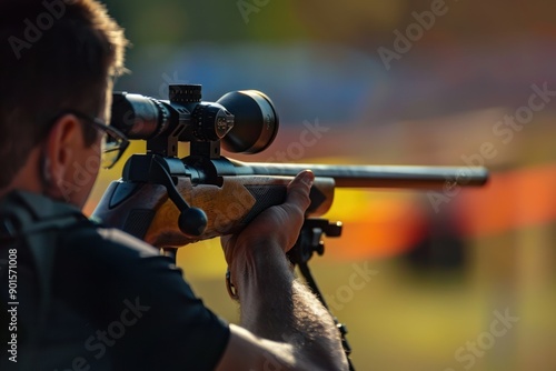 man practicing target shooting sport, person is focused and enjoying the sport