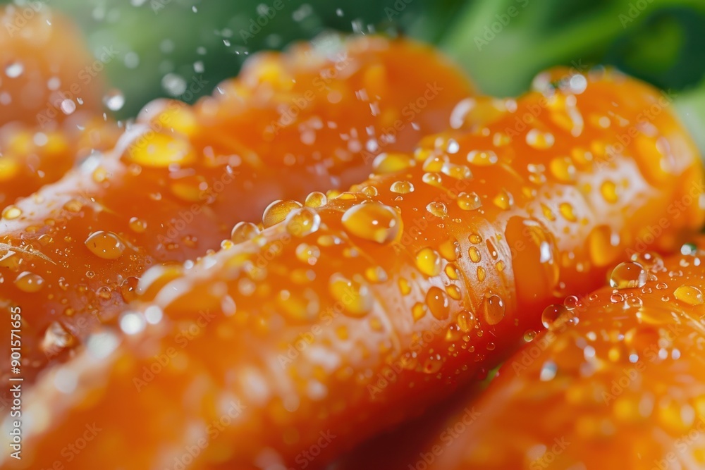Micro close up of a fresh carrots with water rain drops dew as wide banner with copy space area Micro close up of a fresh carrots with water rain drops dew as wide banner with copy space area