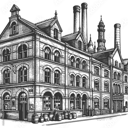 European beer factory brewery building with detailed architectural features, street view scene sketch engraving generative ai raster illustration. Scratch board imitation. Black and white image.