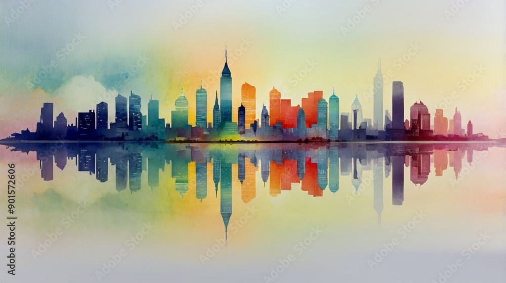 Naklejka premium Abstract Cityscape Art - Gradient Sunset Skyline - Vibrant Modern Wall Art
