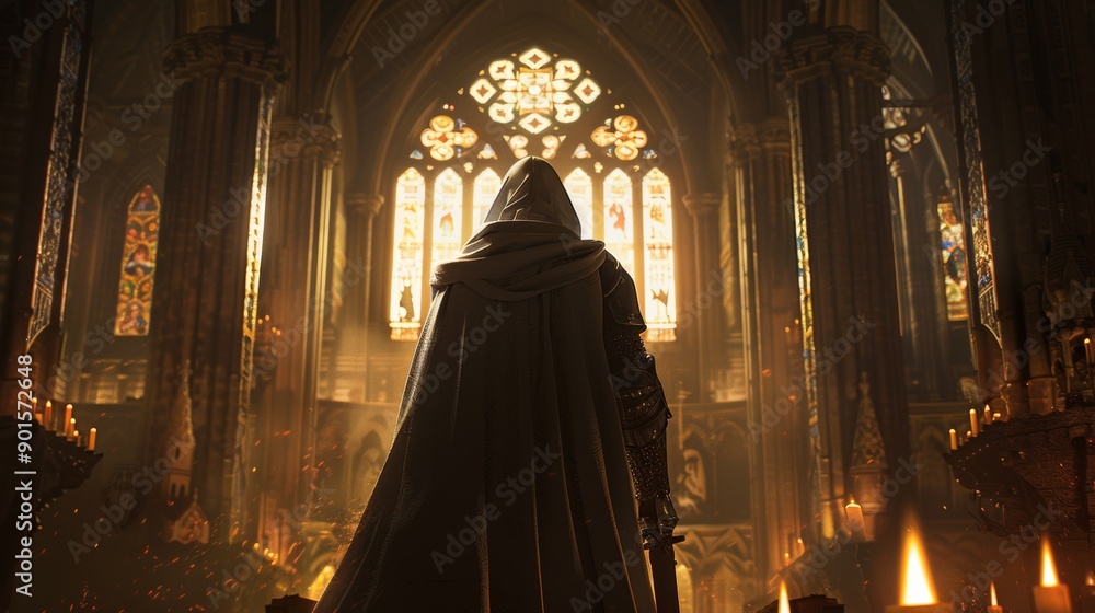 Knight templar standing in a cathedral, stain glass windows Knight templar standing in a cathedral, stain glass windows