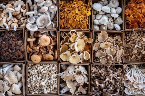 Mixed dried mushroom. Assortment of dried mushrooms. Different species of dry fungi photo