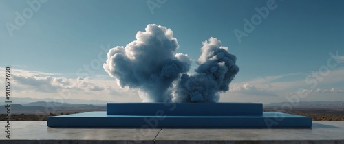 Product display podium with smoke clouds in the background Minimalistic design for showcasing items, featuring a blue color scheme and a clear sky. photo