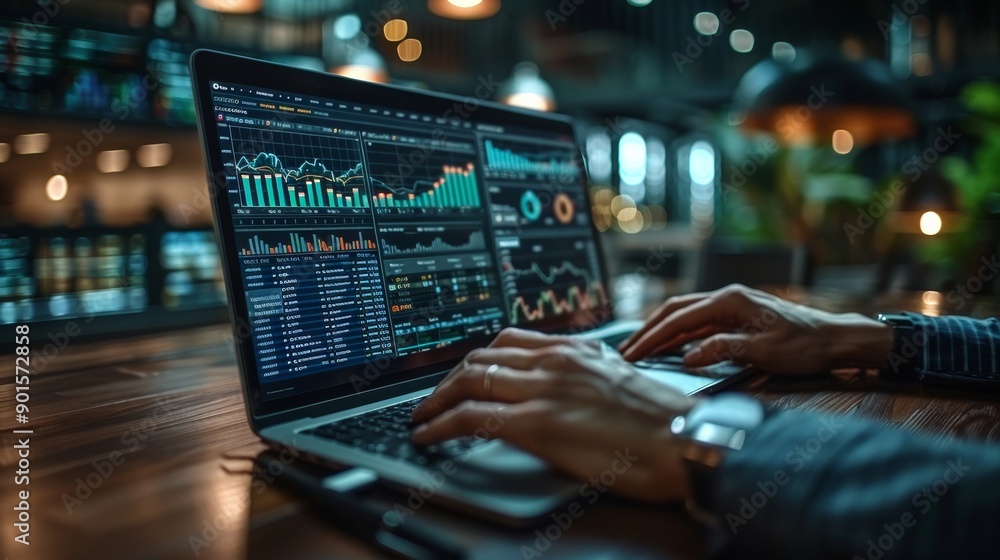 Analyzing Financial Data on a Laptop in a Cozy Workspace During Evening Hours. Generative AI Analyzing Financial Data on a Laptop in a Cozy Workspace During Evening Hours. Generative AI