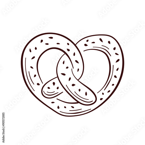 Pretzel icon in line art style. A bakery design product in the shape of a brezel. Vector illustration isolated on a white background.