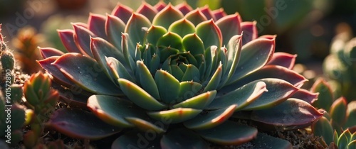 Vibrant Succulent Plant Blooming in Warm Sunlight Natural Background.