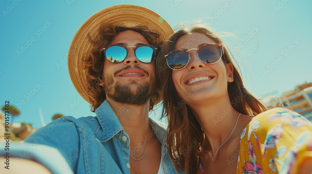 Close-up of a couple's selfie against a famous landmark and a clear sky.
Close-up of a couple's selfie against a famous landmark and a clear sky.