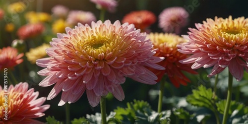 Vibrant Chrysanthemum Bloom Glowing Under Soft Sunlight.