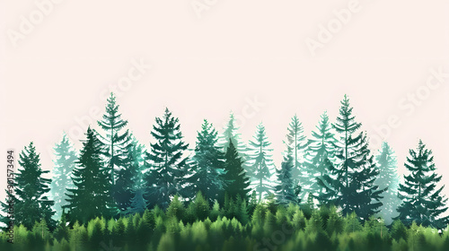 Isolated white background with green tree border. Foliage of forest greenery and conifers. Flat cartoon illustration of forest foliage and conifers.