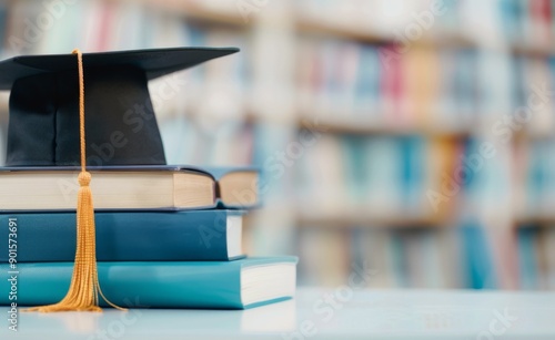 Graduation Cap on Books in Library
