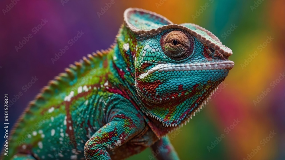 Fototapeta premium Vibrant chameleon blending into a colorful background, showcasing its natural beauty and adaptability in an enchanting, high-resolution photo.